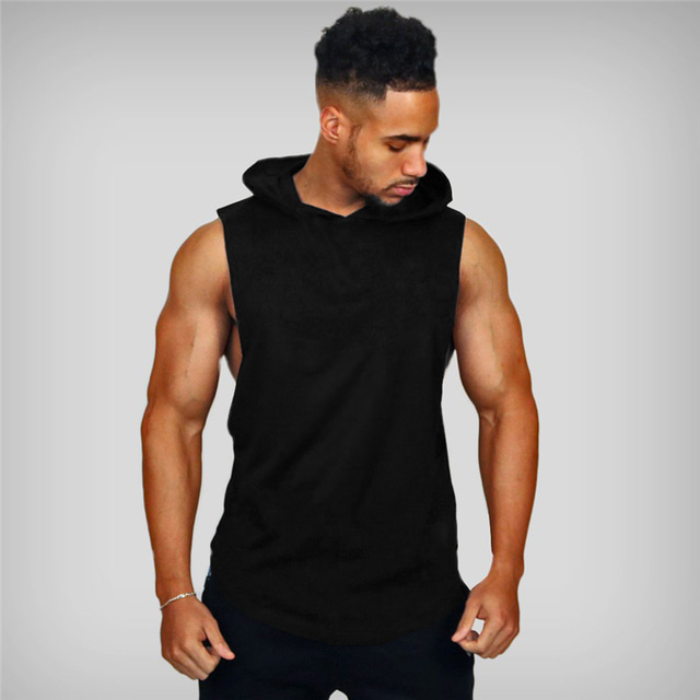  men's athletic sleeveless hooded shirts tank tops gym training running hoodies gray black size s