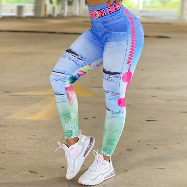  Naisten Leggingsit Sports Gym Leggings Joogahousut Sininen Kesä 3/4-pituiset leggingsit 3D-tulostus Painettu Vatsatuki Peppua kohottava Vaatteet Vaatteet Jooga Kunto Kuntosaliharjoitus Juoksu