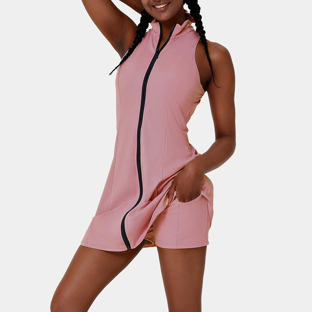 Mujer 2 piezas Traje de yoga Falda de yoga Verano 2 Piezas Cremallera delantera Color sólido Bermudas Vestidos Chalecos Negro Rosa Yoga Aptitud física Entrenamiento de gimnasio Transpirable Secado