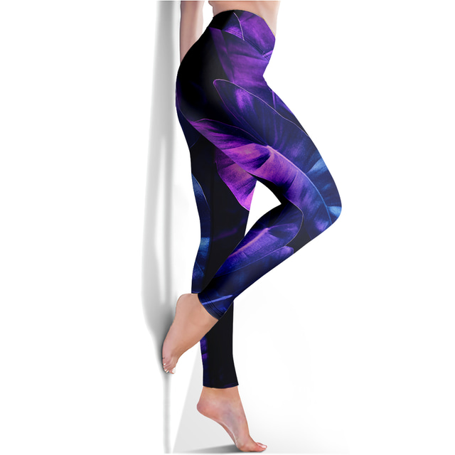  Women's Leggings Sports Gym Leggings Yoga Pants Spandex Purple Cropped Leggings Floral Tummy Control Butt Lift Clothing Clothes Yoga Fitness Gym Workout Running / High Elasticity / Athletic