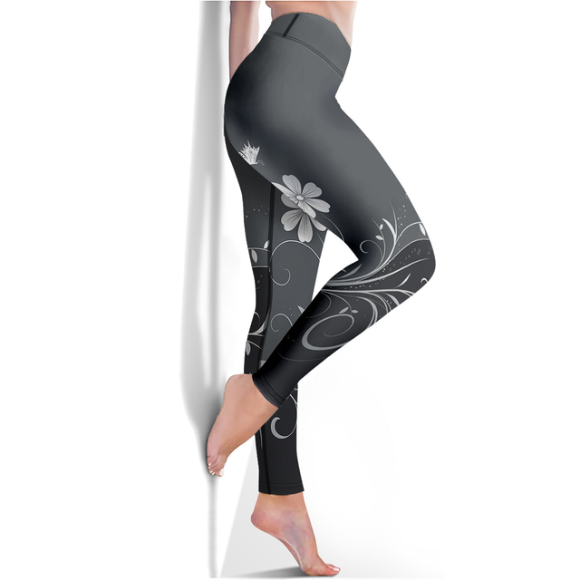  Per donna Ghette Sports Gym Leggings Pantaloni da yoga Elastene Grigio scuro Leggings corti Floreale Fasciante in vita Sollevamento dei glutei Abbigliamento Abbigliamento Yoga Fitness Allenamento in