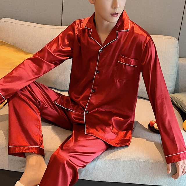  Bărbați Pijamale Satin și mătase Camasa de noapte Pijama de mătase Culoare pură Modă Moale Casă Pat Mătase artificială Rever Manșon Lung Pantaloni Toamnă Primăvară Argintiu Trifoi