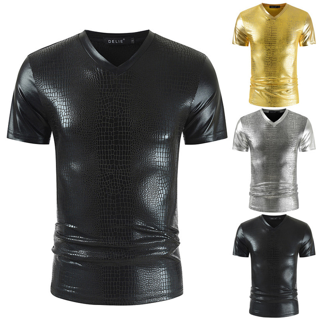  男性用 Tシャツ ソリッド Ｖネック カジュアル 日常 半袖 トップの ライトウェイト ファッション 大きくて背が高い ゴールド / 夏