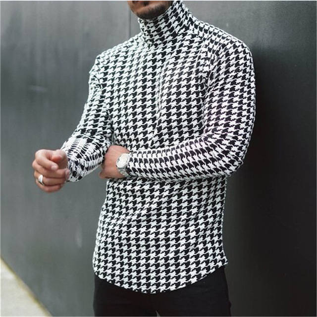 Men's T shirt Tee Long Sleeve Houndstooth Plaid Turtleneck Casual Daily Clothing Clothes Lightweight Casual Muscle Black / White Black Blue