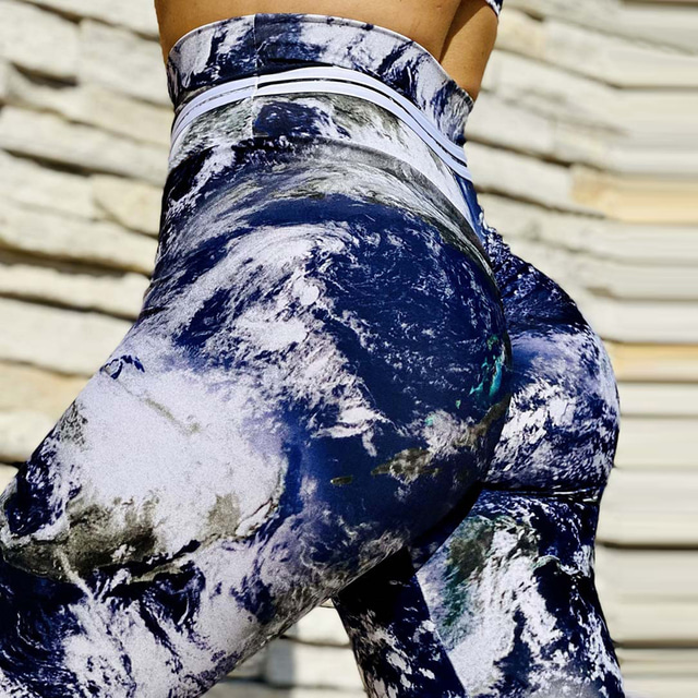  Mujer Sports Gym Leggings Pantalones de yoga Alta cintura Azul Oscuro Calzas Cortas Graphic Control de barriga Levantamiento de tope ropa Yoga Aptitud física Entrenamiento de gimnasio Corriendo