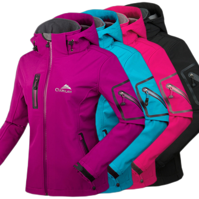  Cikrilan Women's Water-Resistant Softshell Jacket with Removable Hood Lightweight Fleece Lined Winter Jacket Outdoor Thermal Warm Breathable Windproof Trekking Sports Coat Top Running Travel