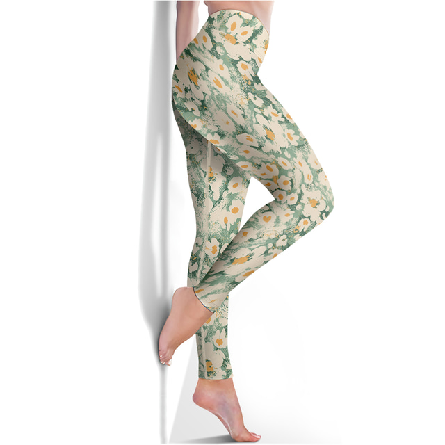  Per donna Ghette Sports Gym Leggings Pantaloni da yoga Elastene Verde Leggings corti Floreale Fasciante in vita Sollevamento dei glutei Abbigliamento Abbigliamento Yoga Fitness Allenamento in