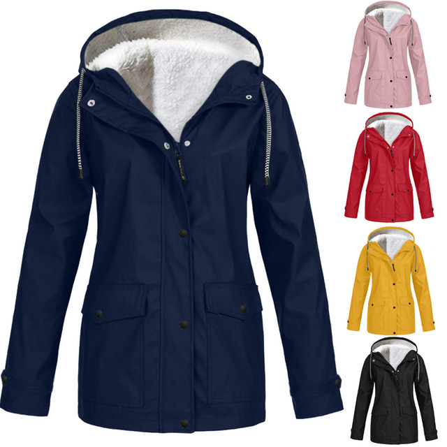  casaco de chuva feminino forro de lã exterior plus size capa de chuva com capuz térmico quente à prova de vento hoodies outerwear casaco de moletom casaco azul marinho