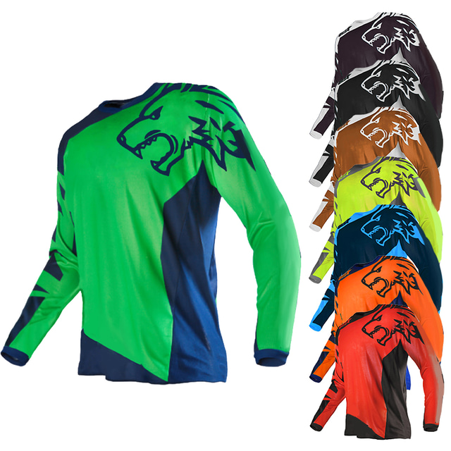  OUKU Herren Downhill Jersey Langarm MTB Mountain Rennrad Graphic Farbblock Wolf Shirt Schwarz Grün Gelb Atmungsaktiv Rasche Trocknung Feuchtigkeitsabsorbierend Sport Bekleidung / Athlässigkei