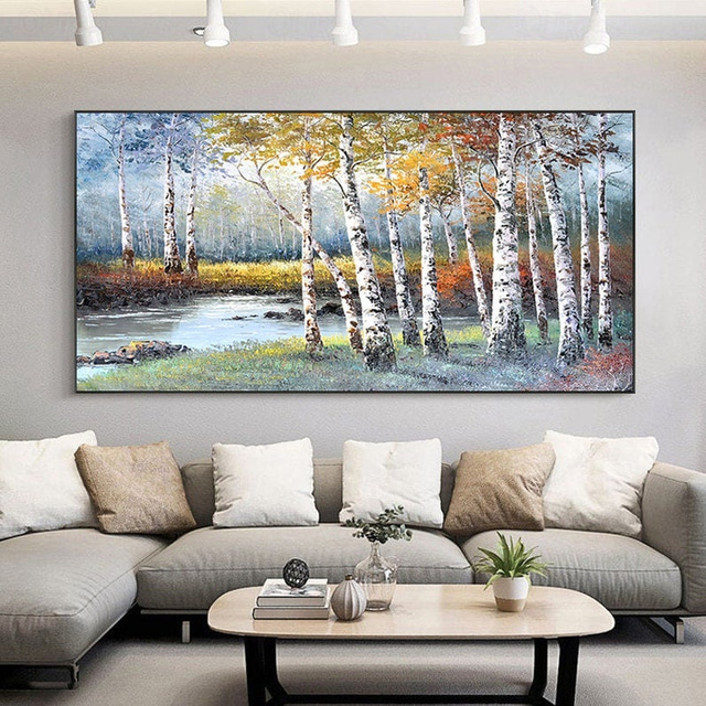  Handmade Oil Painting Canvas Wall Art Decoration Abstract Landscape  Painting Autumn Birch for Home Decor Rolled Frameless Unstretched Painting