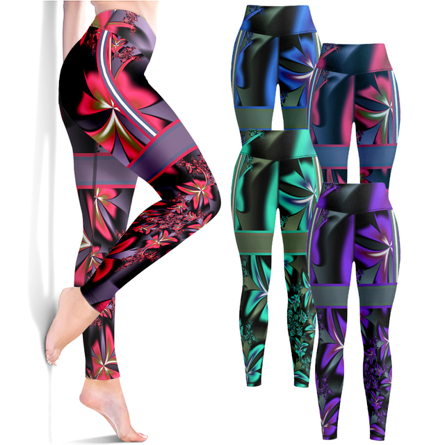  Women's Leggings Sports Gym Leggings Yoga Pants Spandex Green Purple Rosy Pink Cropped Leggings Floral Tummy Control Butt Lift Clothing Clothes Yoga Fitness Gym Workout Running / High Elasticity