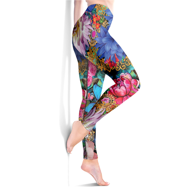  Women's Leggings Sports Gym Leggings Yoga Pants Spandex Blue Cropped Leggings Floral Tummy Control Butt Lift Clothing Clothes Yoga Fitness Gym Workout Running / High Elasticity / Athletic