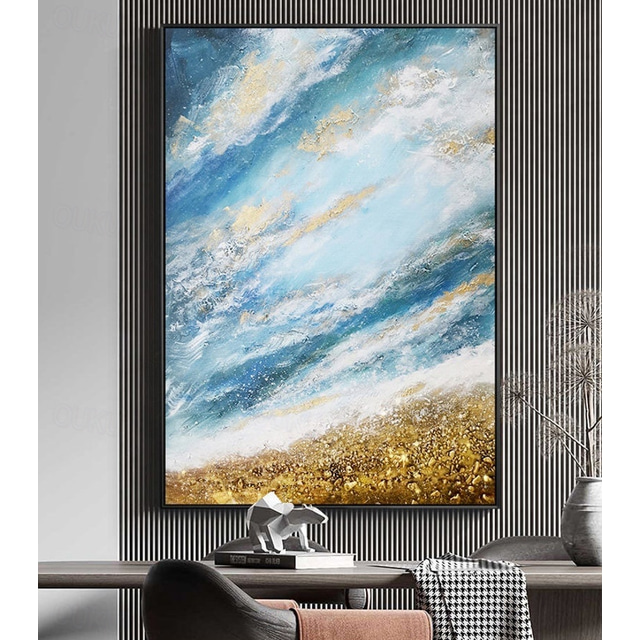 Peinture à l'huile à la main toile art mural décoration abstraite feuille d'or peinture bleu océan pour la décoration intérieure roulé sans cadre peinture non étirée