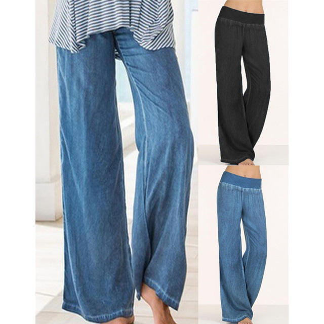  kvinders højtaljede yogabukser i linned elastisk linning palazzo bukser/bukser med brede ben jeansunderdele hurtigttørrende fugttransporterende blå sort yoga sommer plus størrelse sport aktivt tøj
