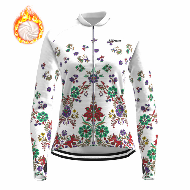  21Grams® Women's Cycling Jersey Long Sleeve Mountain Bike MTB Road Bike Cycling Winter Graphic Floral Botanical Shirt White Fleece Fleece Lining Warm Moisture Wicking Sports Clothing Apparel
