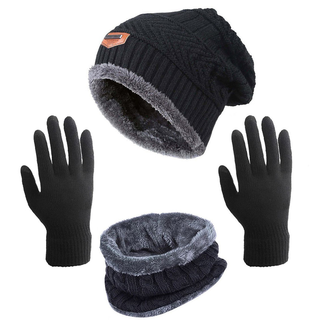  invierno beanie hat bufanda guantes set para hombres y mujeres, beanie gloves set de calentador de cuello con gorro de lana forrado de punto cálido gorro de lana de color sólido negro burdeos gris para acampar senderismo esquí