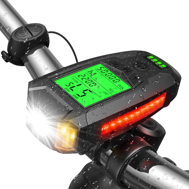  自転車用ライトセット、usb充電式、超高輝度フロントヘッドライトLED自転車用ライト、5つのライトモード、男性用、女性用、子供用、ロードマウンテンサイクリング用のスピードメーターカロリーカウンター付き
