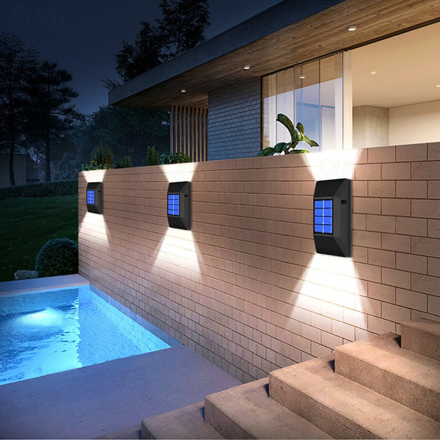  LED Außenwandleuchte Solarlampen 2 stücke solar wandleuchte outdoor dekoration garten wand licht ip65 wasserdicht nach oben und unten leuchtende outdoor garten dekoration zaun licht