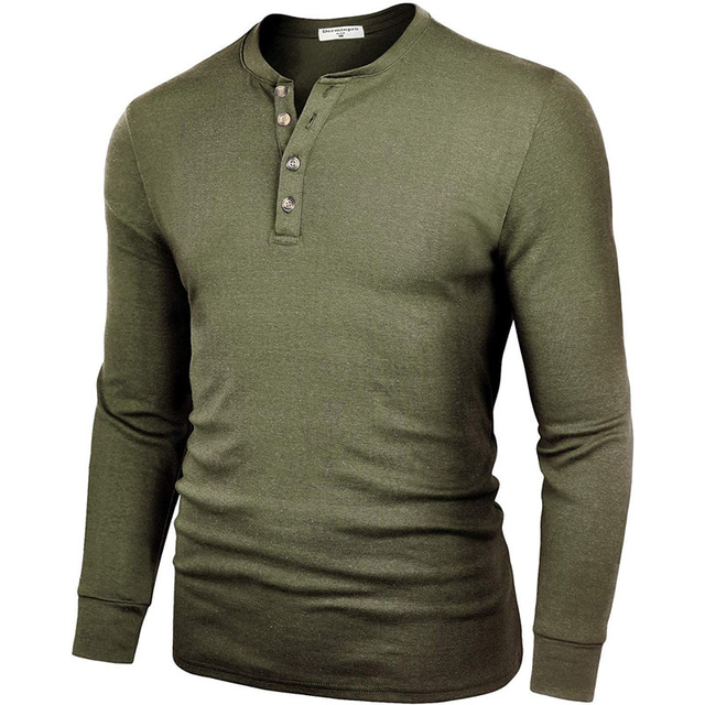  Herren T Shirt Einfarbig Übergröße Henley Outdoor Casual Button-Down Langarm Oberteile Basic Vintage Modisch Designer Blau Armeegrün