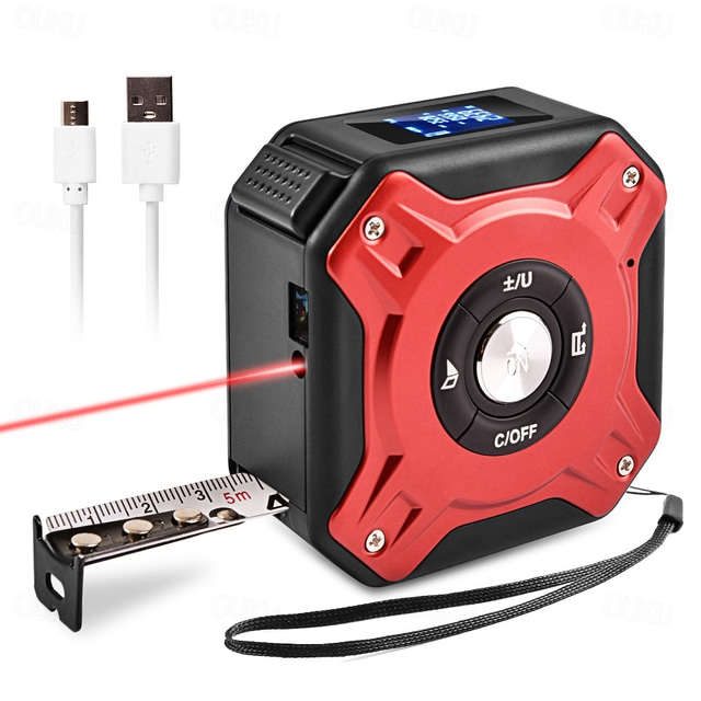  Laser Tape Measure 2-in-1 Laser Measure 131 Ft Multifunctional Tape Measure 16 Ft/5M with LCD Digital Display Nylon Coating Tape with Magnetic Hook for DIY Measuring Area/Volume