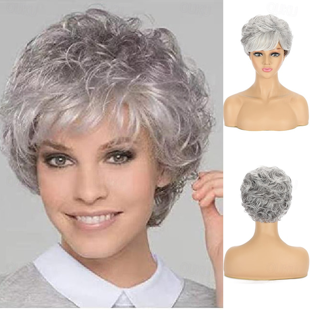  Gray Wigs for Women Momy Short Silver Gray Wavy Curly Wigs for Women Grey Layered Pixie Cut with Bangs Synthetic Wigs for Lady Short Natrual Synthetic Hair Wig Carnival Wig