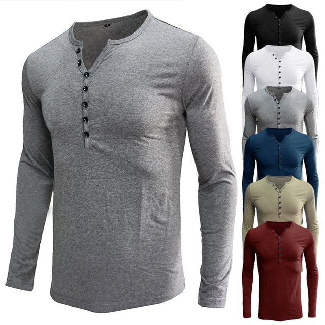  henley skjorte for menn tilfeldig slim fit langermet henley t-skjorter bomullsskjorter grunnleggende mote golf t-skjorte knapper stolpe ensfarget bomullsskjorter