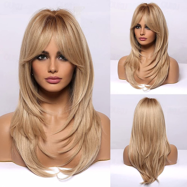  haircube long blonde wigs for women, layered synthetic hair wig for daily party Christmas Party Wigs barbiecore Wigs