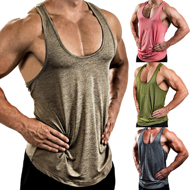  Men's Yoga Top Summer Solid Color Green Grey Yoga Fitness Gym Workout Tank Top Sport Activewear Breathable Quick Dry Lightweight Stretchy