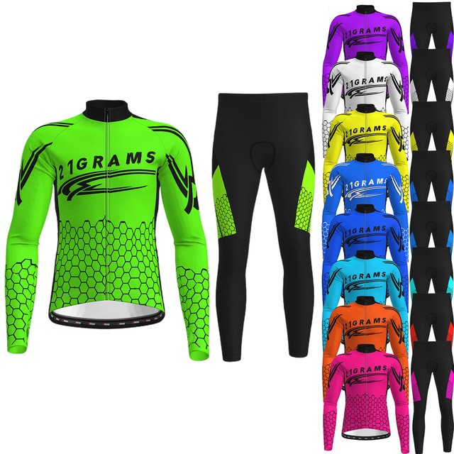  21Grams® Men's Long Sleeve Cycling Jersey with Tights Mountain Bike MTB Road Bike Cycling White Green Purple Graphic Design Bike Thermal Warm Warm Quick Dry Zipper Pocket Ankle zips Sports Graphic