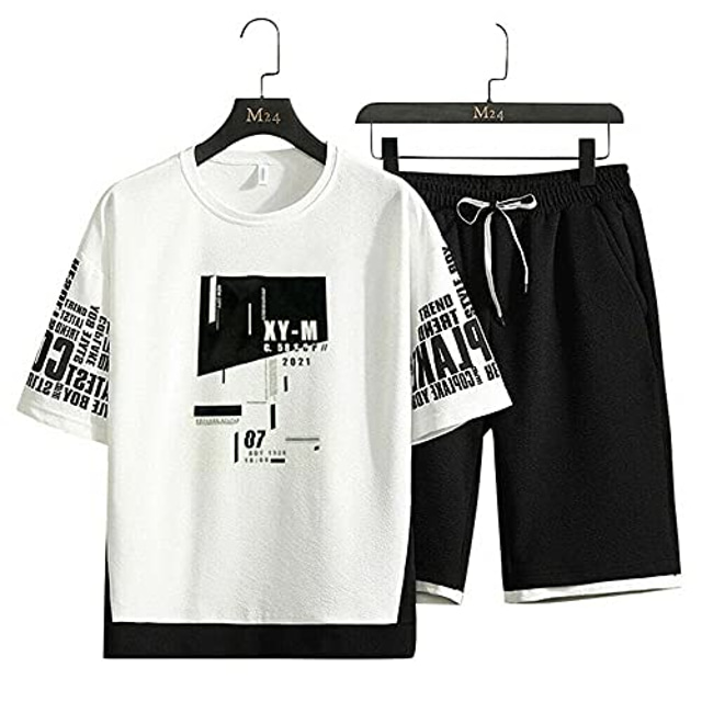  miesten urheilusetti kesäasu 2-osainen setti lyhythihaiset t-paidat ja shortsit tyylikäs rento collegepuku setti (valkoinen,2xl=us l)
