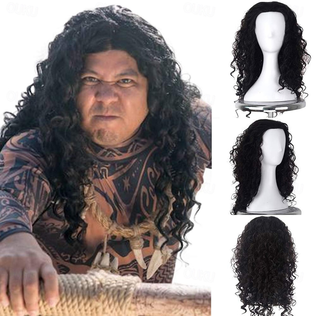  Black Wigs For Men Moana Maui Cosplay Wigs Medium Long Curly Natural Black Synthetic Wig For Men (Maui Cosplay For Men) Halloween Wigs