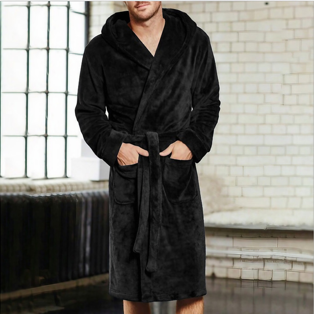  Men's Plus Size Pajamas Robe Bathrobe Sleepwear Pure Color Warm Plush Home Bed Fleece Flannel Warm Long Sleeve Hoodie Winter Fall Black Red