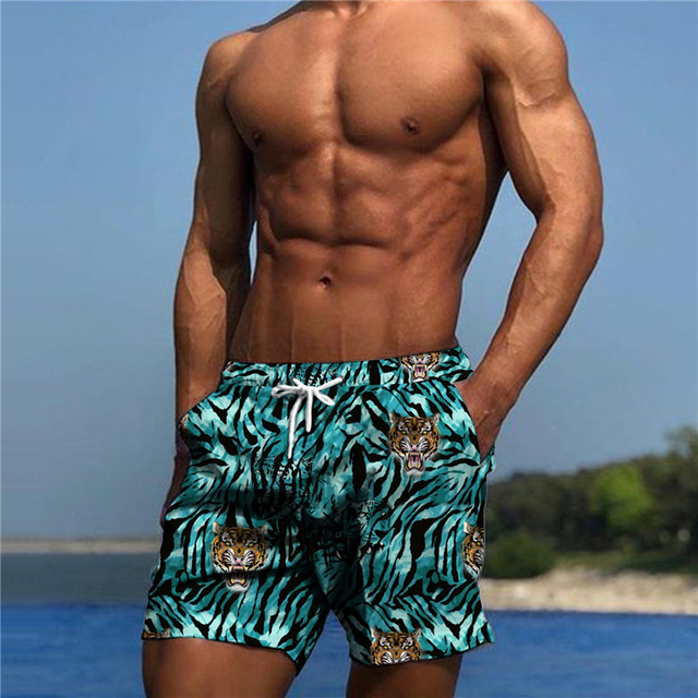  Men's Swim Trunks Swim Shorts Board Shorts Swimwear 3D Print Elastic Drawstring Design Swimsuit Comfort Breathable Soft Beach Graphic Patterned Tiger Designer Streetwear Hawaiian Blue / Mid Waist