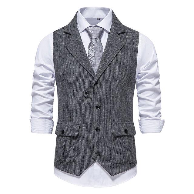  Men's Vest Waistcoat Wedding Party / Evening Vintage Retro Spring Fall Pocket Polyester Warm Solid Color Single Breasted Regular Fit Navy Blue Dark Green Coffee Gray Vest