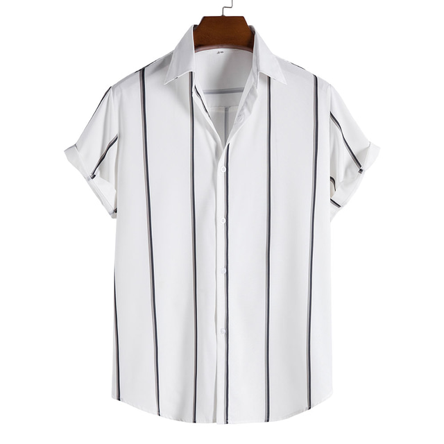  男性用 シャツ サマーシャツ 幾何学模様 ストライプ レギュラーカラー ブラック ホワイト ネービーブルー ダックグレー カジュアル 日常 半袖 衣類 ファッション デザイナー カジュアル