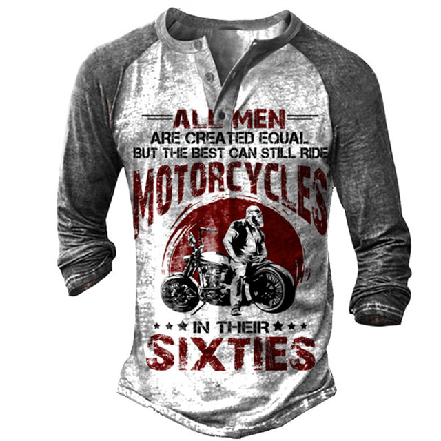  T shirt Tee Henley Shirt Graphic Prints Motorcycle Henley Clothing Apparel Outdoor Casual Long Sleeve Button-Down Print Stylish Lightweight Vintage Sixties Grey And White