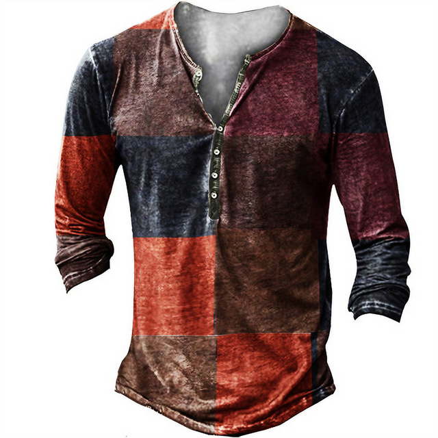  Lattice Graphic Prints Lightweight Breathable Big and Tall Men's T shirt Tee Henley Shirt Outdoor Casual Daily T shirt Red Long Sleeve Henley Shirt Spring &  Fall Clothing Apparel S M L XL XXL 3XL 4XL
