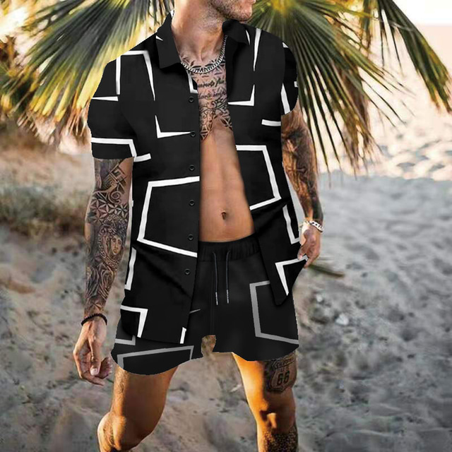  Men's Swimwear Beach Top 2 Piece Normal Swimsuit Quick Dry Print Geometry White Black Navy Blue Shirt Plunge Bathing Suits New Vacation Sexy / Summer