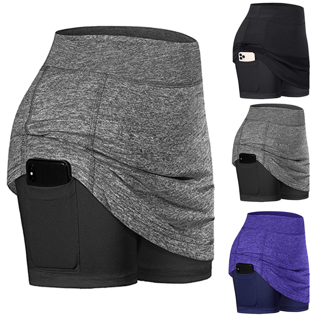  Women's Tennis Skirts Yoga Shorts Yoga Skirt 2 in 1 Side Pockets Tummy Control Butt Lift Quick Dry High Waist Yoga Fitness Gym Workout Shorts Skort Bottoms White Black Gray Sports Activewear Stretchy
