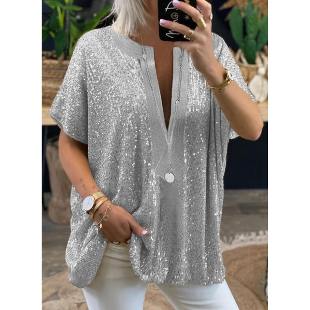  Women's Shirt Blouse Elegant Vintage Fashion Sparkly Sequins Long Sleeve Regular Tops V Neck Casual Weekend Silver Gold Spring Fall