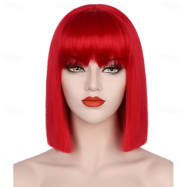 vrouwen rode pruik korte rode bob pruik met pony natuurlijke look zachte synthetische pruik leuke pruik party cosplay halloween 12inch kerstfeest pruiken