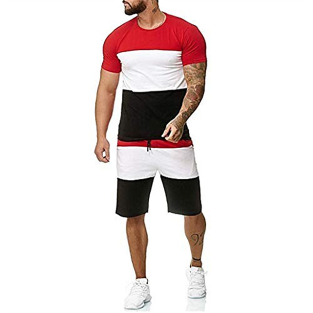  男性用ストライプパッチワークジョギングセット、半袖トップス+ドローイングショートパンツスポーツスーツトラックスーツスウェットスーツby leegor red