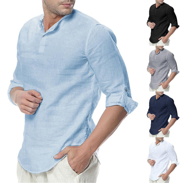  pánská lněná košile henley ležérní tričko se 3/4 rukávy svetr trička lehký zakřivený lem bavlna letní plážové topy turistická košile / košile na knoflíky venkovní rychleschnoucí bílá černá rybaření horolezectví