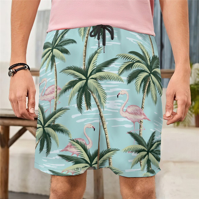  Herre Badeshorts Surf shorts Badetøj 3D-udskrivning Elastisk trækdesign Strand Grafisk Flamingo Kokos palme Sommer / Medium Talje