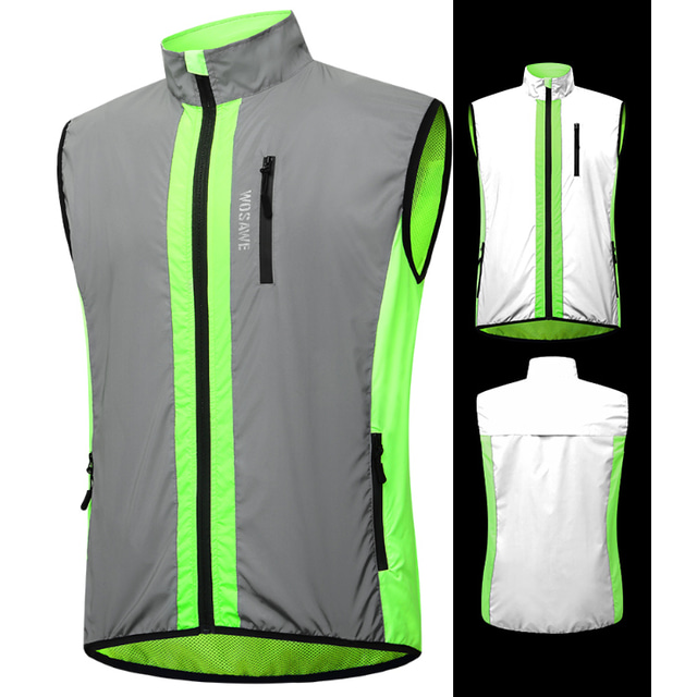  WOSAWE 男性用 ノースリーブ サイクリングベスト グリーン パッチワーク バイク 高視認性 防風 スポーツ パッチワーク 衣類