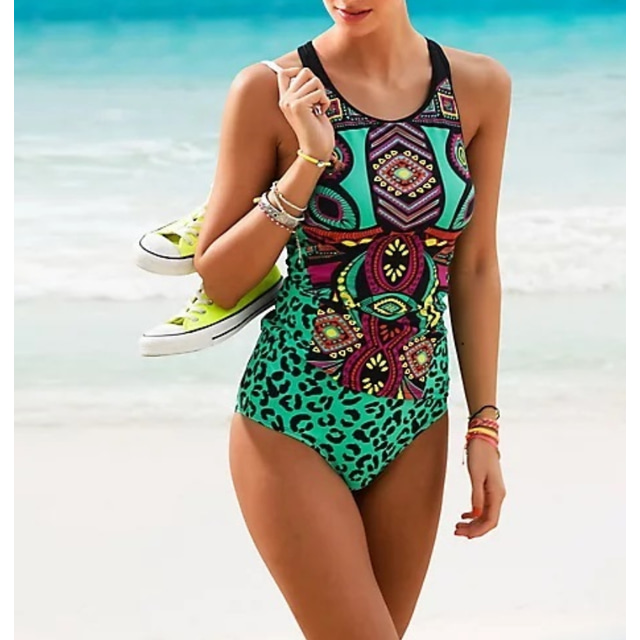  Women's Swimwear One Piece Monokini Bathing Suits Normal Swimsuit Tummy Control High Waisted Print Leopard Green Padded Strap Bathing Suits Sports Vacation Sexy / Geometic / New