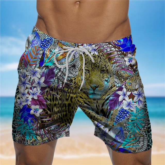  Bărbați Boxeri înot Pantaloni Scurți de Înot Costume de Baie Imprimare 3D Design Elastic cu Cordon Plajă Grafic Leopard Flori Vară / Talie medie