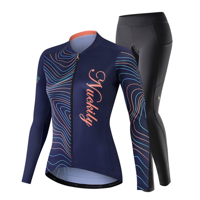  Nuckily Women's Long Sleeve Cycling Jersey with Tights Mountain Bike MTB Road Bike Cycling Dark Navy Bike Clothing Suit Spandex Polyester Breathable Quick Dry Moisture Wicking Reflective Strips Back
