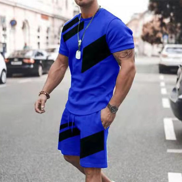  男性用 Tシャツスーツ テニスシャツ カラーブロック クルーネック ストリート カジュアル 半袖 トップの カジュアル ファッション 高通気性 快適 ブラック ブルー ルビーレッド