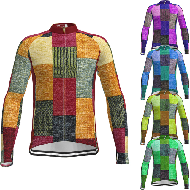  OUKU Men's Cycling Jersey Long Sleeve Mountain Bike MTB Road Bike Cycling Plaid Checkered Graphic Color Block Jersey Shirt Green Purple Yellow Breathable Quick Dry Moisture Wicking Sports Clothing
